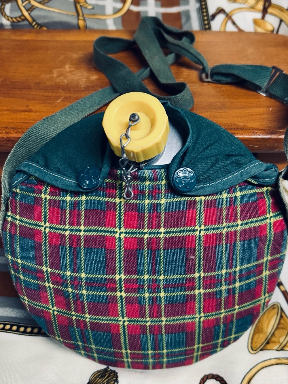 Vintage Girl Scout Plaid Canvas Canteen Crossbody Bag - Green & Red